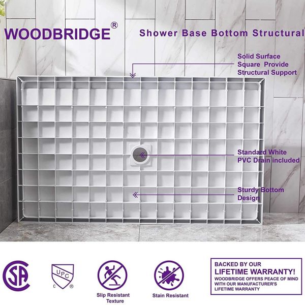  WOODBRIDGE SBR4832-1000C Solid Surface Shower Base with Recessed Trench Side Including Stainless Steel Linear Cover, 48