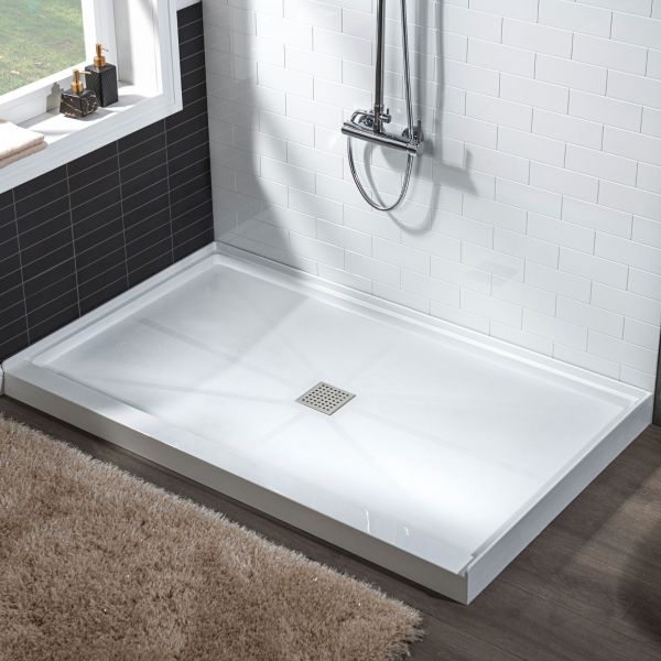  WOODBRIDGE SBR4832-1000C Solid Surface Shower Base with Recessed Trench Side Including Stainless Steel Linear Cover, 48