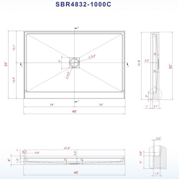  WOODBRIDGE SBR4832-1000C Solid Surface Shower Base with Recessed Trench Side Including Stainless Steel Linear Cover, 48