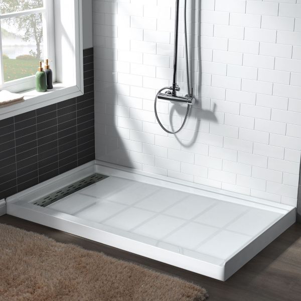 WOODBRIDGE SBR4832-1000L Solid Surface Shower Base with Recessed Trench Side Including Stainless Steel Linear Cover, 48