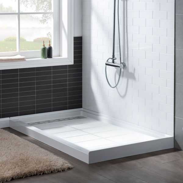  WOODBRIDGE SBR4832-1000L Solid Surface Shower Base with Recessed Trench Side Including Stainless Steel Linear Cover, 48