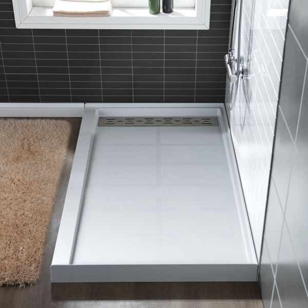 WOODBRIDGE SBR4832-1000R Solid Surface Shower Base with Recessed Trench Side Including Stainless Steel Linear Cover, 48