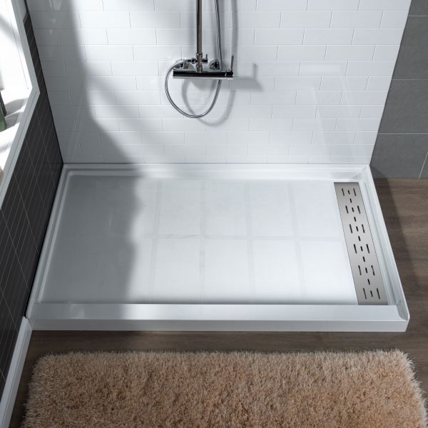 WOODBRIDGE SBR4832-1000R Solid Surface Shower Base with Recessed Trench Side Including Stainless Steel Linear Cover, 48
