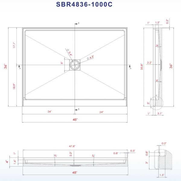  WOODBRIDGE SBR4836-1000C Solid Surface Shower Base with Recessed Trench Side Including Stainless Steel Linear Cover, 48