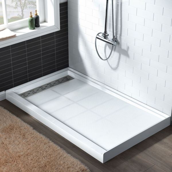 WOODBRIDGE SBR6030-1000L Solid Surface Shower Base with Recessed Trench Side Including Stainless Steel Linear Cover, 60