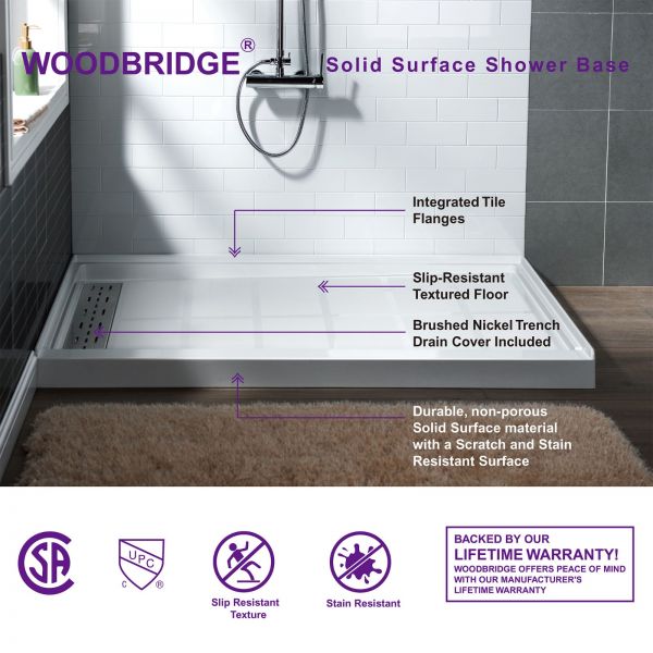  WOODBRIDGE SBR6030-1000L Solid Surface Shower Base with Recessed Trench Side Including Stainless Steel Linear Cover, 60