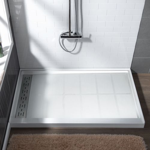 WOODBRIDGE SBR4832-1000L Solid Surface Shower Base with Recessed Trench Side Including Stainless Steel Linear Cover, 48