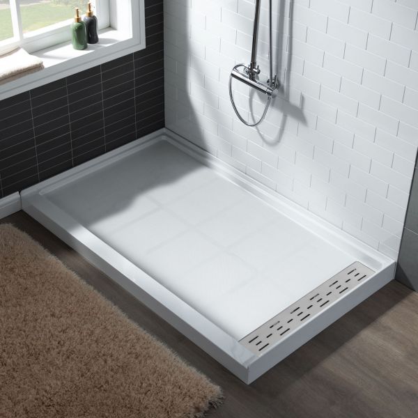 WOODBRIDGE SBR6030-1000R Solid Surface Shower Base with Recessed Trench Side Including Stainless Steel Linear Cover, 60