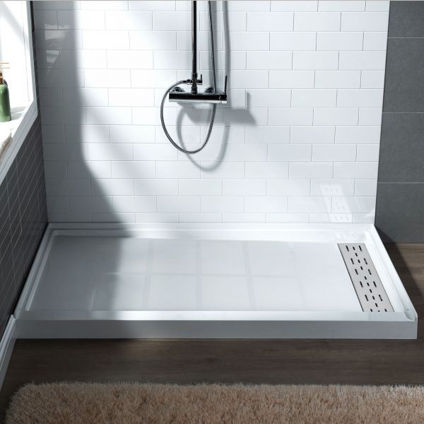  WOODBRIDGE SBR6030-1000R Solid Surface Shower Base with Recessed Trench Side Including Stainless Steel Linear Cover, 60