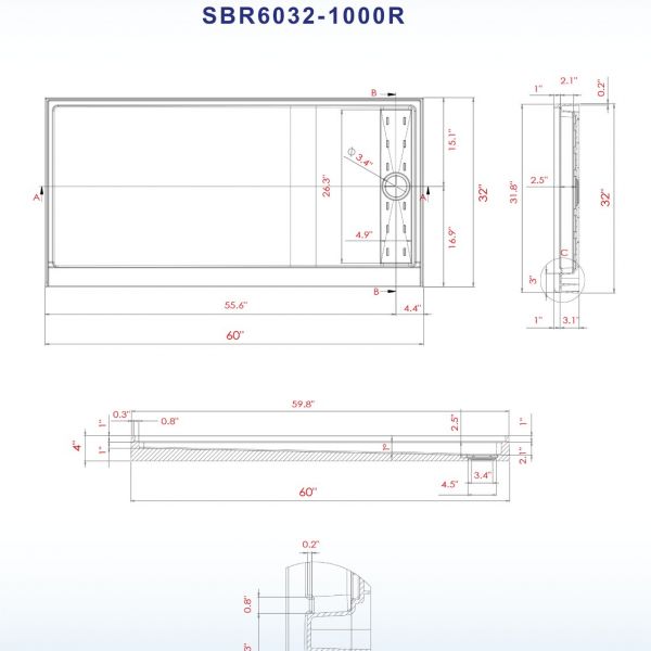  WOODBRIDGE SBR6032-1000R Solid Surface Shower Base with Recessed Trench Side Including Stainless Steel Linear Cover, 60