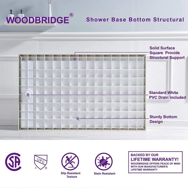  WOODBRIDGE SBR6034-1000L Solid Surface Shower Base with Recessed Trench Side Including Stainless Steel Linear Cover, 60