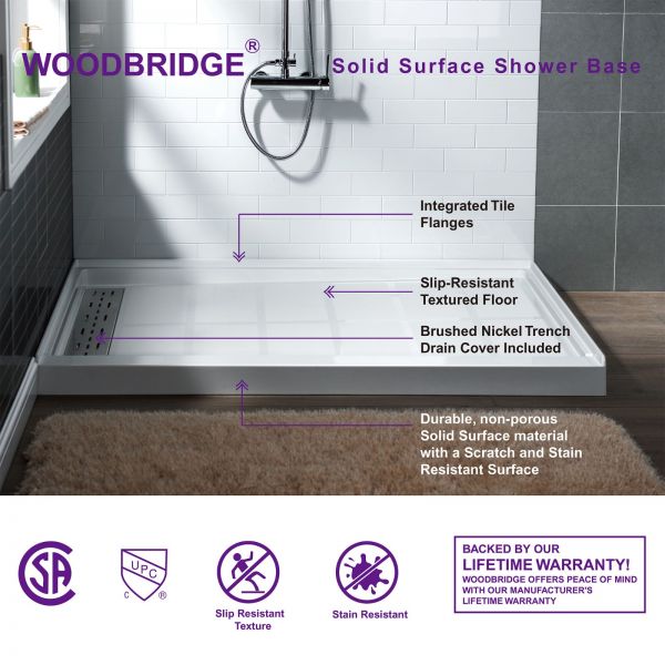 WOODBRIDGE SBR6034-1000L Solid Surface Shower Base with Recessed Trench Side Including Stainless Steel Linear Cover, 60