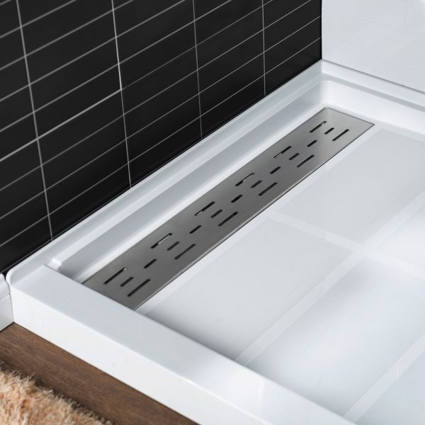  WOODBRIDGE SBR6034-1000L Solid Surface Shower Base with Recessed Trench Side Including Stainless Steel Linear Cover, 60