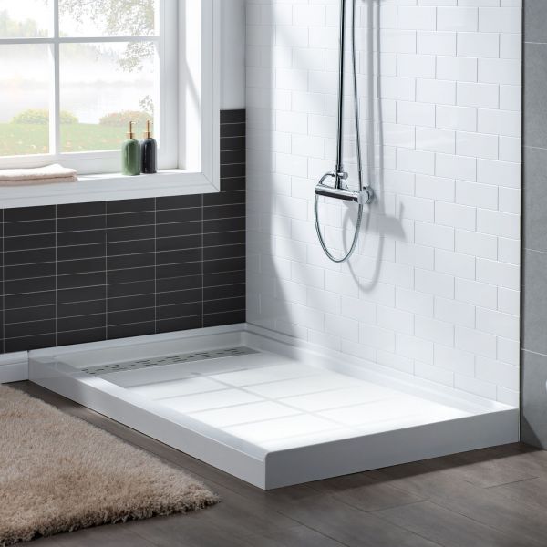  WOODBRIDGE SBR6034-1000L Solid Surface Shower Base with Recessed Trench Side Including Stainless Steel Linear Cover, 60