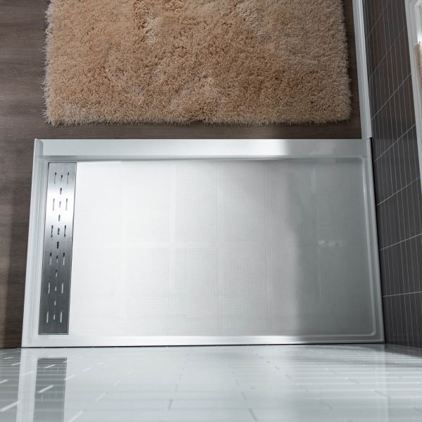  WOODBRIDGE SBR6034-1000L Solid Surface Shower Base with Recessed Trench Side Including Stainless Steel Linear Cover, 60
