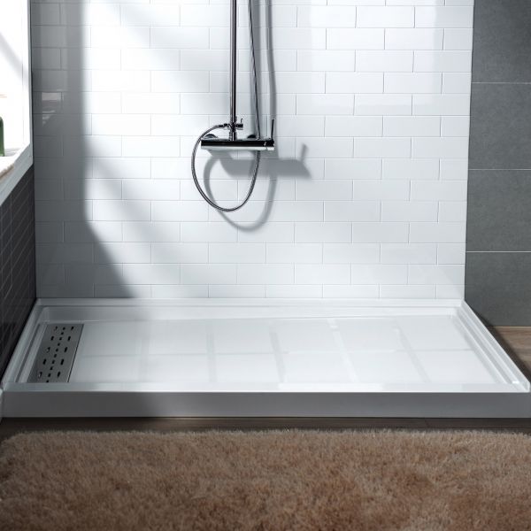  WOODBRIDGE SBR6034-1000L Solid Surface Shower Base with Recessed Trench Side Including Stainless Steel Linear Cover, 60