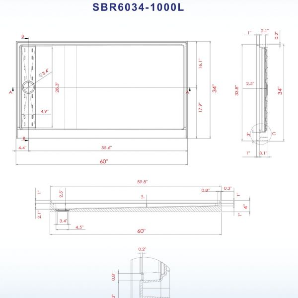  WOODBRIDGE SBR6034-1000L Solid Surface Shower Base with Recessed Trench Side Including Stainless Steel Linear Cover, 60