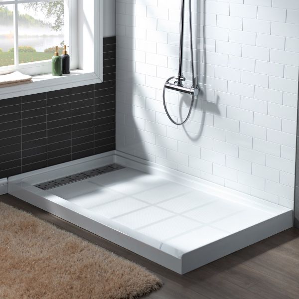  WOODBRIDGE SBR6034-1000L Solid Surface Shower Base with Recessed Trench Side Including Stainless Steel Linear Cover, 60