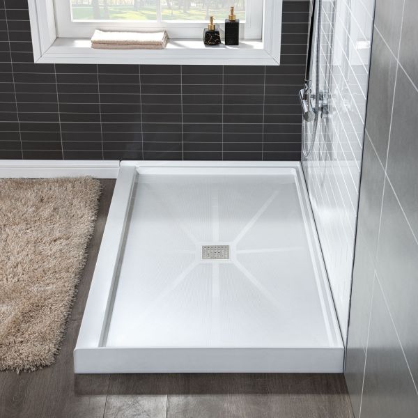 WOODBRIDGE SBR6036-1000C Solid Surface Shower Base with Recessed Trench Side Including Stainless Steel Linear Cover, 60
