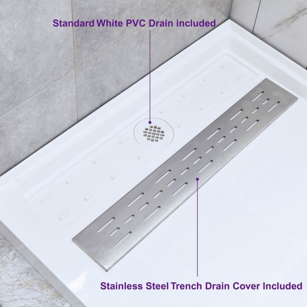  WOODBRIDGE SBR6036-1000L Solid Surface Shower Base with Recessed Trench Side Including Stainless Steel Linear Cover, 60