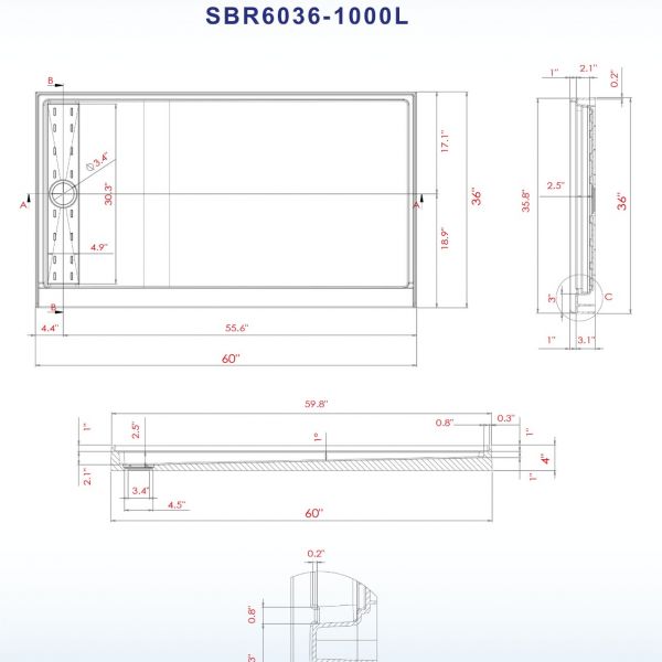 WOODBRIDGE SBR6036-1000L Solid Surface Shower Base with Recessed Trench Side Including Stainless Steel Linear Cover, 60
