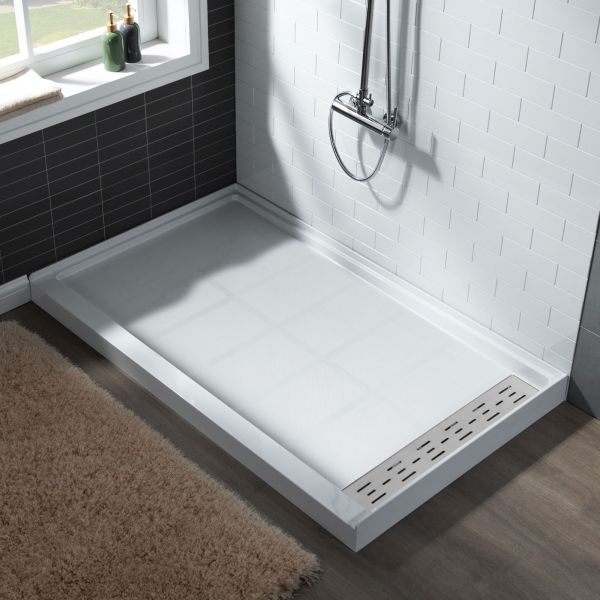  WOODBRIDGE SBR6036-1000R Solid Surface Shower Base with Recessed Trench Side Including Stainless Steel Linear Cover, 60