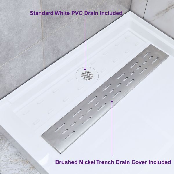  WOODBRIDGE SBR6036-1000R Solid Surface Shower Base with Recessed Trench Side Including Stainless Steel Linear Cover, 60
