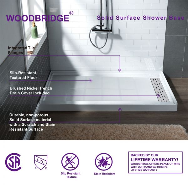  WOODBRIDGE SBR6036-1000R Solid Surface Shower Base with Recessed Trench Side Including Stainless Steel Linear Cover, 60