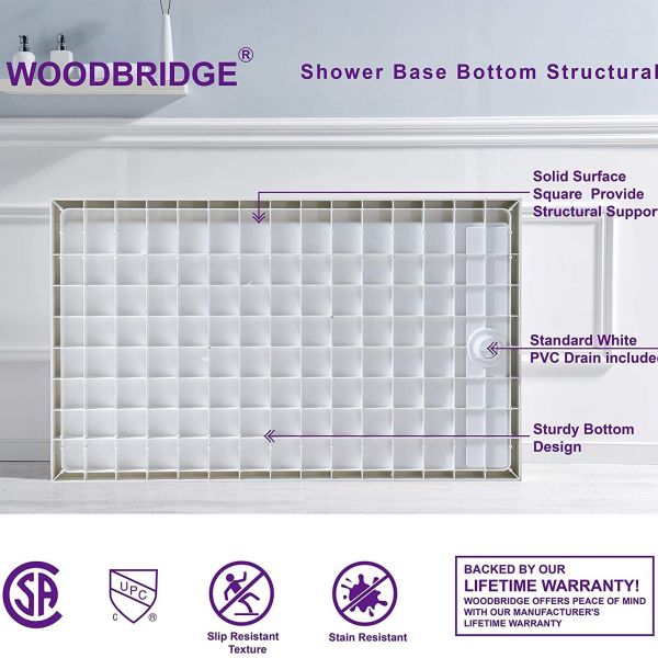  WOODBRIDGE SBR6036-1000R Solid Surface Shower Base with Recessed Trench Side Including Stainless Steel Linear Cover, 60