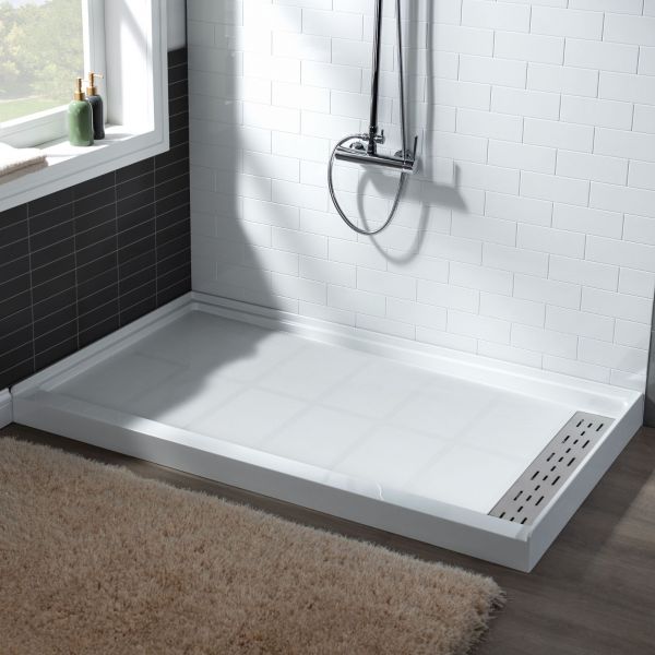  WOODBRIDGE SBR6036-1000R Solid Surface Shower Base with Recessed Trench Side Including Stainless Steel Linear Cover, 60
