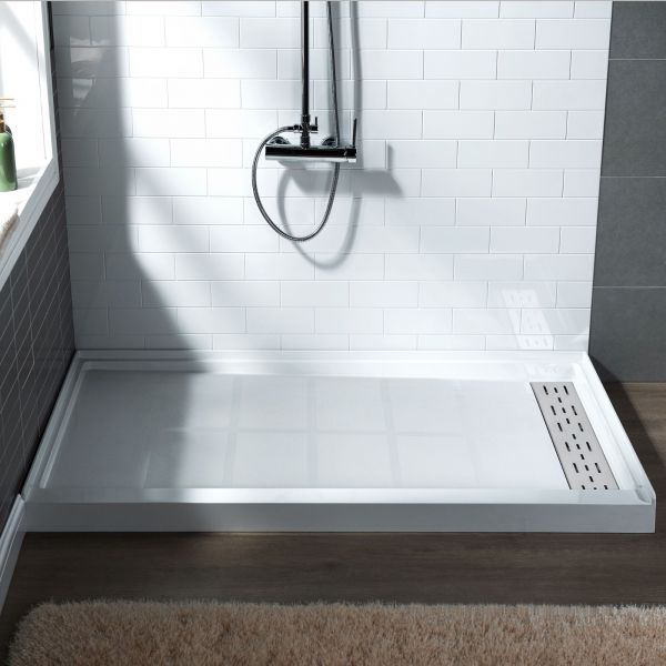  WOODBRIDGE SBR6036-1000R Solid Surface Shower Base with Recessed Trench Side Including Stainless Steel Linear Cover, 60