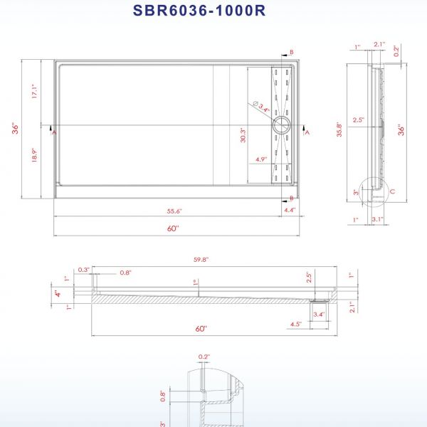  WOODBRIDGE SBR6036-1000R Solid Surface Shower Base with Recessed Trench Side Including Stainless Steel Linear Cover, 60