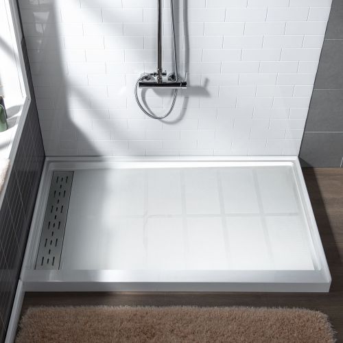 WOODBRIDGE SBR6034-1000L Solid Surface Shower Base with Recessed Trench Side Including Stainless Steel Linear Cover, 60