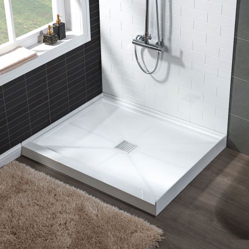 WOODBRIDGE SBR3636-1000C Solid Surface Shower Base with Recessed Trench Side Including Stainless Steel Linear Cover, 36