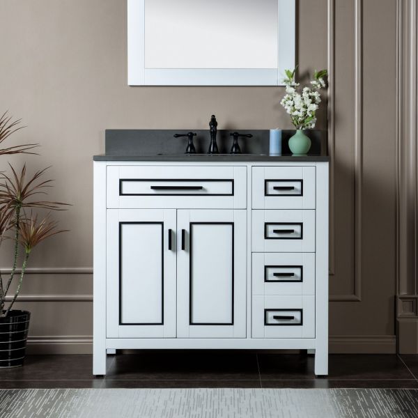 ᐅ【WOODBRIDGE Milan 37 Floor Mounted Single Basin Vanity Set with Solid  Wood Cabinet in White and Engineered Stone Composite Vanity Top in Dark  Gray with Pre-installed Undermount Rectangle Bathroom Sink in White