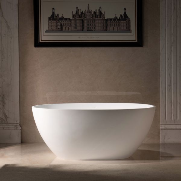  WOODBRIDGE 55 in. x 29.5 in. Luxury Contemporary Solid Surface Freestanding Bathtub in Matte White_631