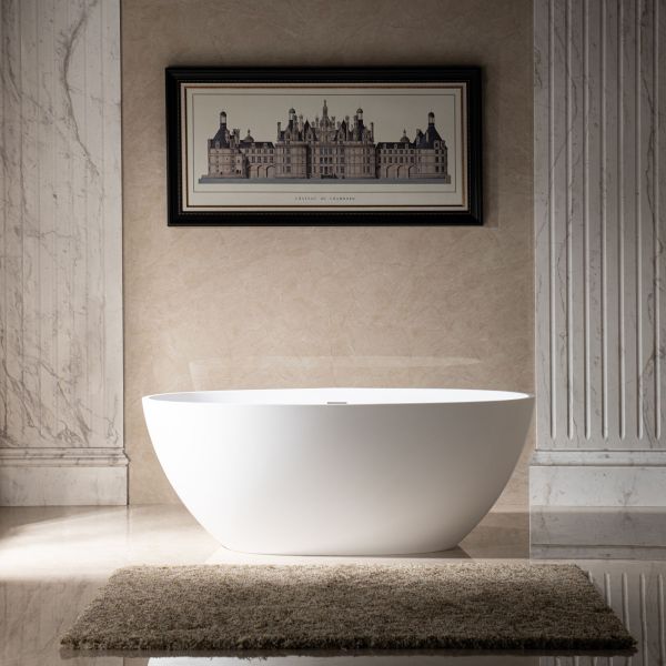  WOODBRIDGE 59 in. x 30.75 in. Luxury Contemporary Solid Surface Freestanding Bathtub in Matte White