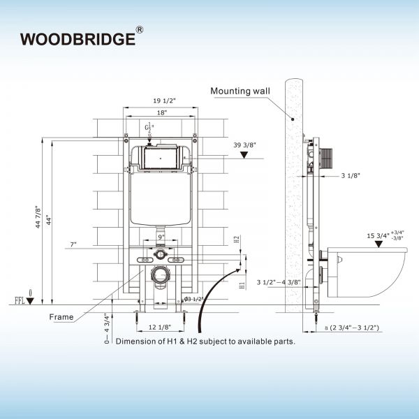 WOODBRIDGE In-Wall 0.8 GPF/1.60 GPF Dual FlusToilet Tank Carrier System for 2 x 4 stud installation, WHTA001