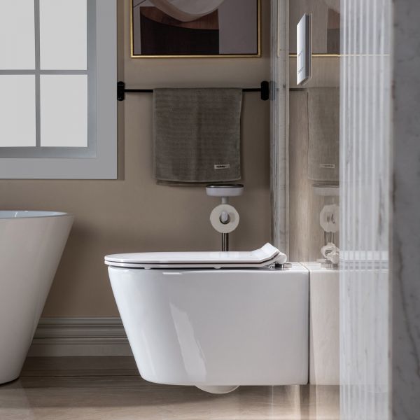  WOODBRIDGE Wall Hung 1.60 GPF/0.8 GPF Dual Flush Elongated Toilet with In-Wall Tank and Carrier System. F0130 + WHTA001_568