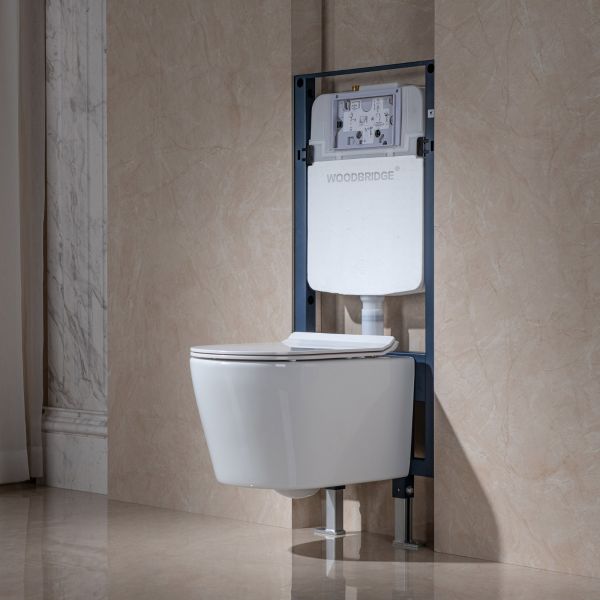  WOODBRIDGE Wall Hung 1.60 GPF/0.8 GPF Dual Flush Elongated Toilet with In-Wall Tank and Carrier System. F0130 + WHTA001_570