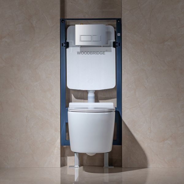  WOODBRIDGE Wall Hung 1.60 GPF/0.8 GPF Dual Flush Elongated Toilet with In-Wall Tank and Carrier System. F0130 + WHTA001_571
