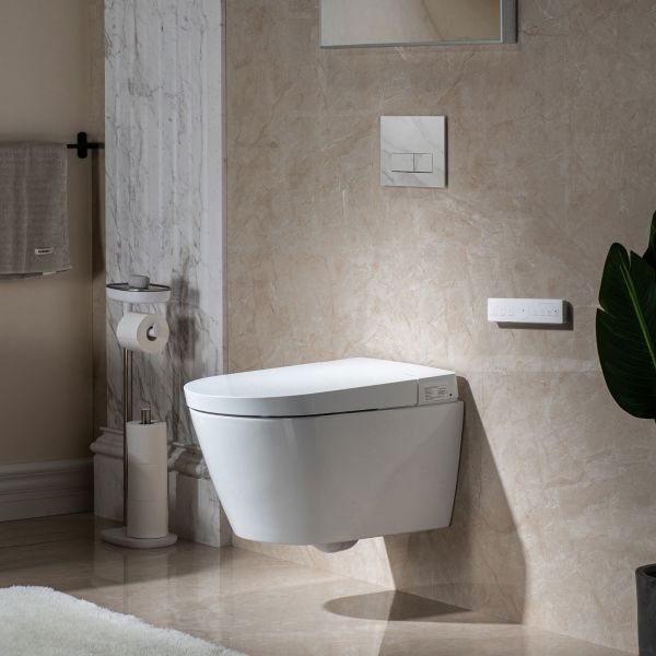 ᐅ【WOODBRIDGE Intelligent Compact Elongated Dual-flush wall hung toilet with  Bidet Wash Function, Heated Seat & Dryer. Matching Concealed Tank system  and White Marble Stone Slim Flush Plates Included.LT611 +  SWHT611+FP611-WH-WOODBRIDGE】