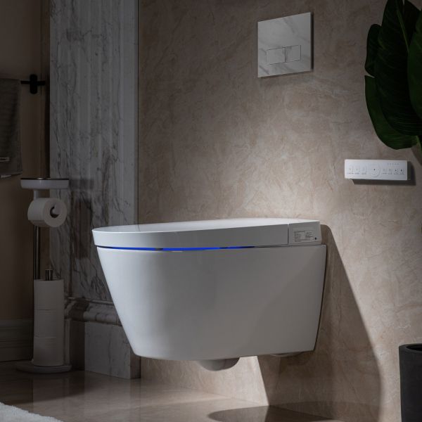  WOODBRIDGE  Intelligent Compact Elongated Dual-flush wall hung toilet with Bidet Wash Function, Heated Seat & Dryer. Matching Concealed Tank system and White Marble Stone Slim Flush Plates Included.LT611 + SWHT611+FP611-WH