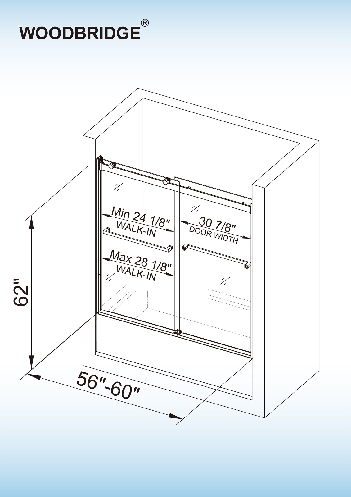 ᐅ【WOODBRIDGE Frameless Bathtub Shower Doors 56-60" Width x 62"Height ...