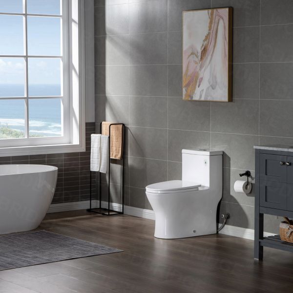 WOODBRIDGE Modern One Piece Toilet with Soft Closing Seat,1.0/1.6 GPF Dual Flush,Comfort Height,High-Efficiency Certified,Rectangle Button,Pure White B0940/T-0001 