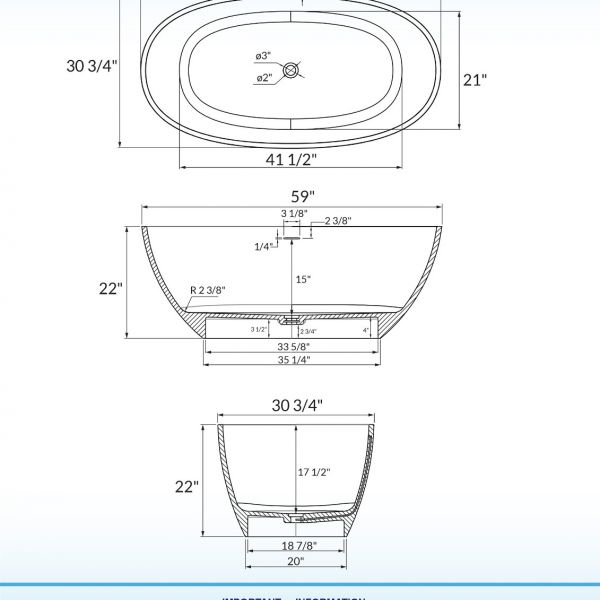  WOODBRIDGE 59 in. x 30.75 in. Luxury Contemporary Solid Surface Freestanding Bathtub in Matte White_615