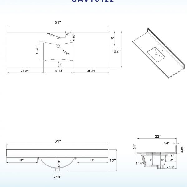  WOODBRIDGE DOULBE CAVT6122D-1 Vanity Top with Under Mount Bowl, 61