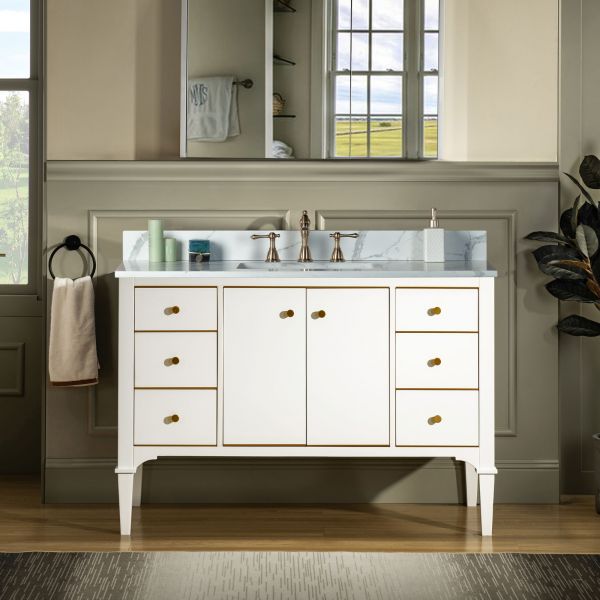 ᐅ【WOODBRIDGE Roma 49"x22"x38" Solid Wood Bath Vanity in White with Gold