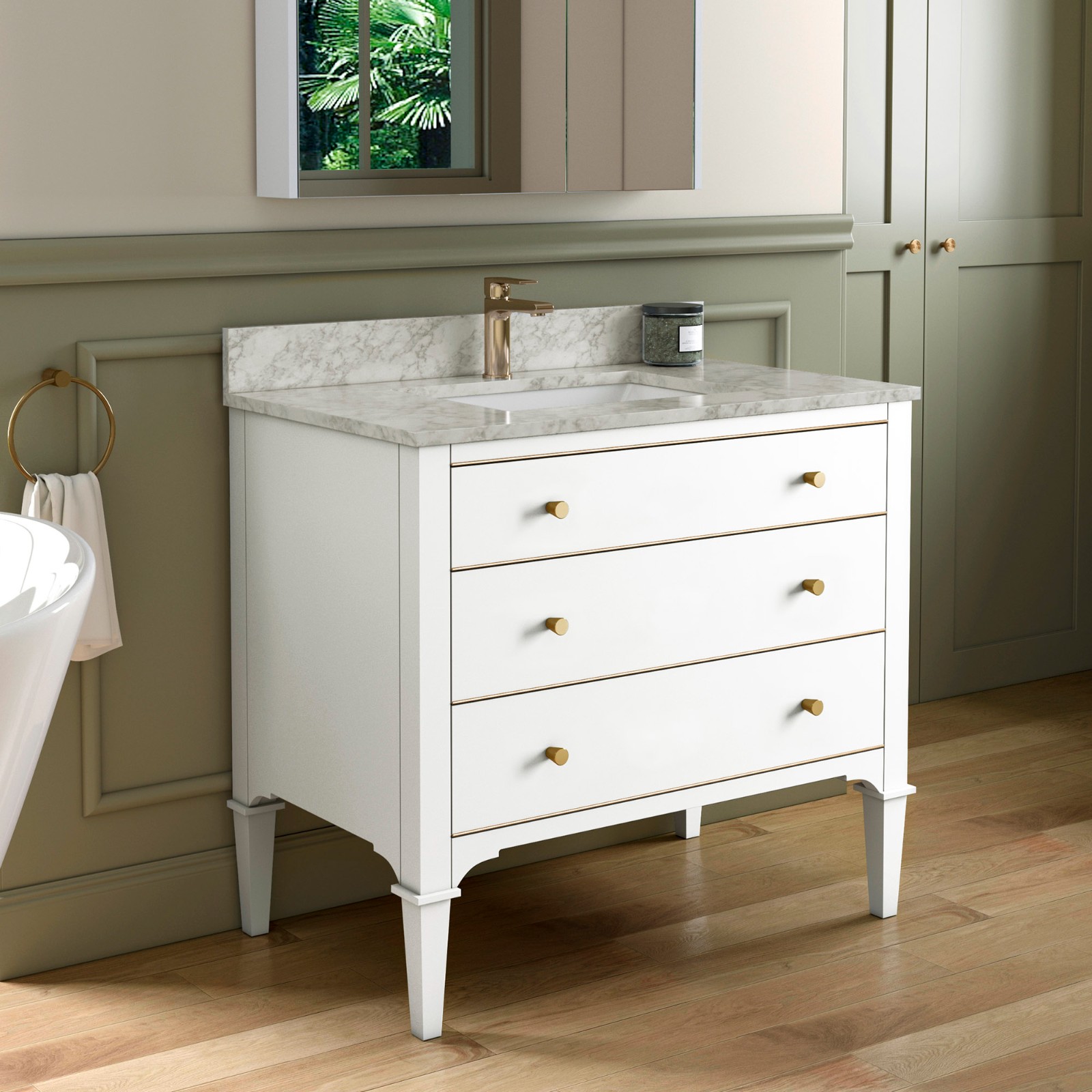 ᐅ【WOODBRIDGE Roma 37"x22"x38" Solid Wood Bath Vanity in White with Gold