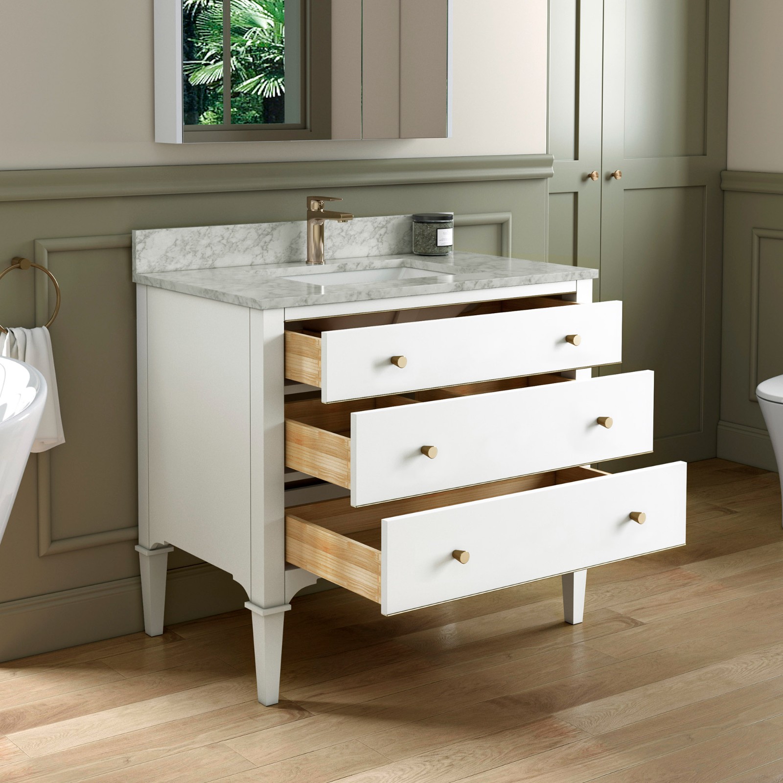 ᐅ【WOODBRIDGE Roma 37"x22"x38" Solid Wood Bath Vanity in White with Gold